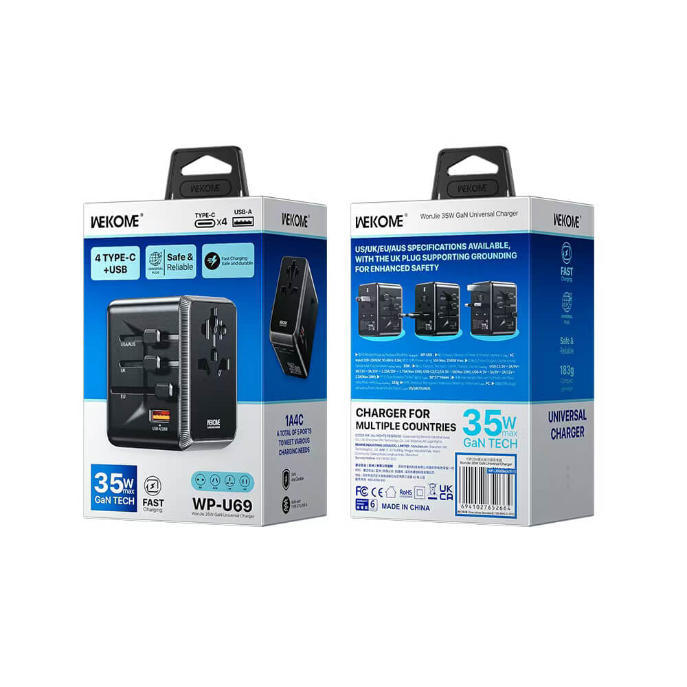 WEKOME WP-U69 35W GaN EUUKUSAUSJP USB A & 4 USB Type C Universal Conversion Fast Charging Charger Power Travel Adapter (Black) WEKOME WP-U69 35W GaN EUUKUSAUSJP USB A & 4 USB Type C Universal Conversion Fast Charging Charger Power Travel Adapter (Black)